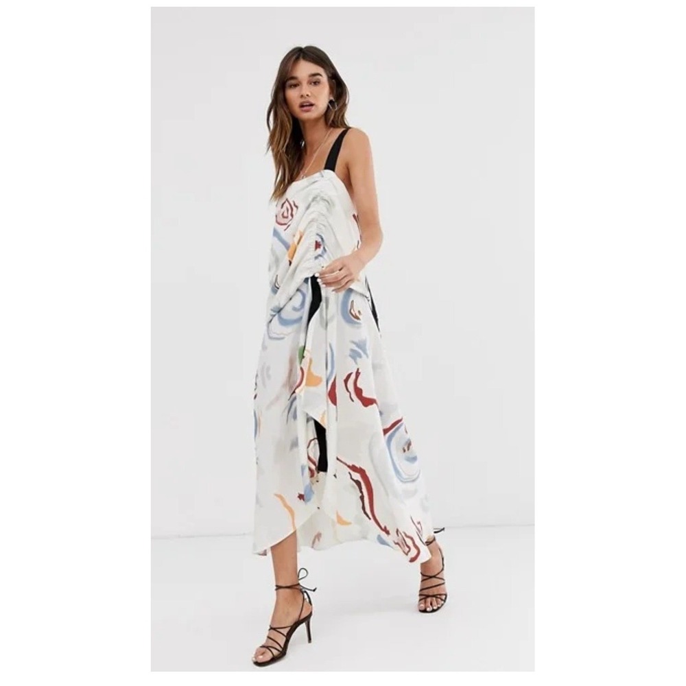ASOS Abstract Print Ruched Midi Dress‎ Linen Blend White Multi Color 4 Oversized